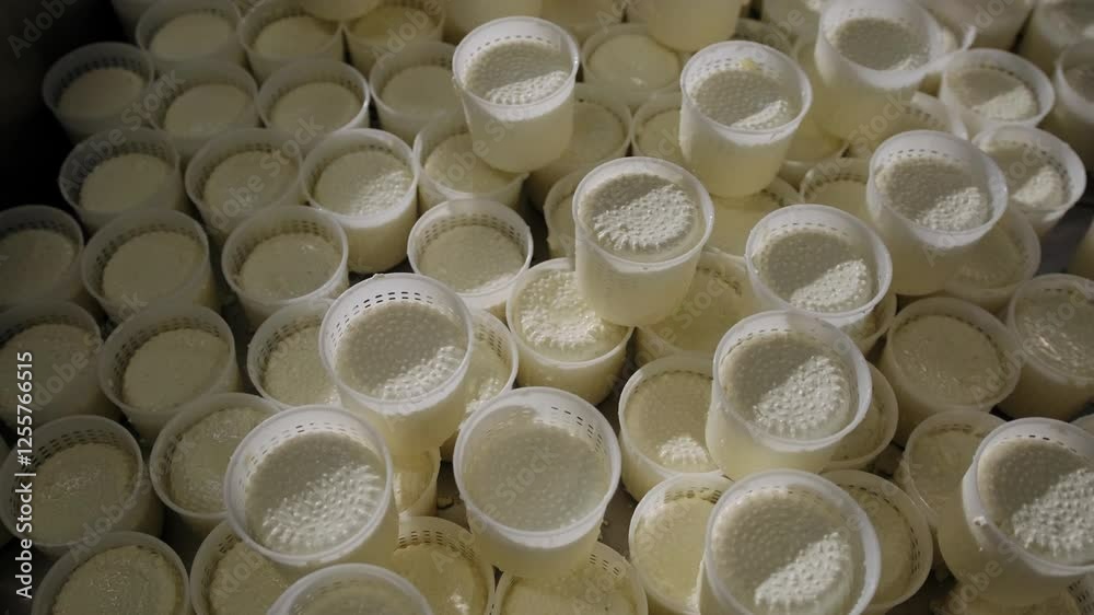 A huge number of cheese molds filled with curd mass at the cheese factory close up. The process of making camembert from fresh milk, the food industry. A huge number of cheese molds filled with curd mass at the cheese factory close up. The process of making camembert from fresh milk, the food industry.
