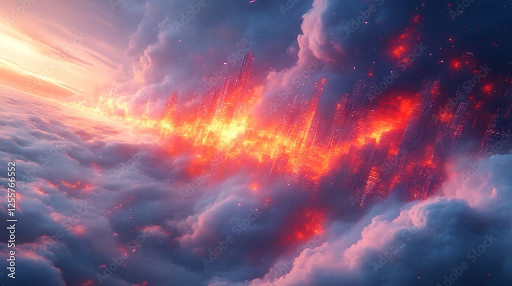 Fototapeta premium Burning futuristic city engulfed in flames above clouds