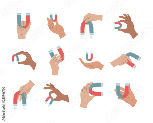 Hands holding a magnet in various gestures. Arm with attracting magnetic symbol. Concept of ideas in business, solving issues of recruiting employee and clients. Isolated vector illustration