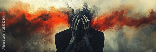 Dark abstract artwork depicting a distressed person in emotional turmoil, symbolizing depression, anxiety, and inner struggle