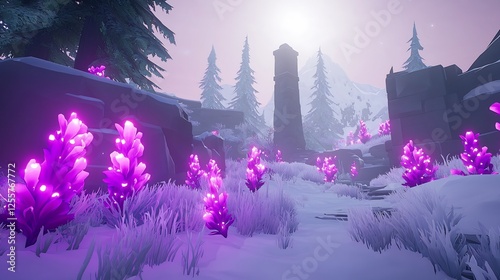 A mystical snowy landscape with glowing purple crystals and towering pines under a soft pink sky
