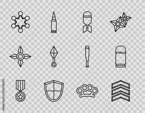 Set line Military reward medal, rank, Aviation bomb, Shield, Police badge, Japanese ninja shuriken, Brass knuckles and Cartridges icon. Vector