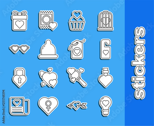 Set line Heart shape in a light bulb, Bottle with love potion, Please do not disturb heart, Wedding cake, Condom, shaped glasses, Gift box and tag icon. Vector