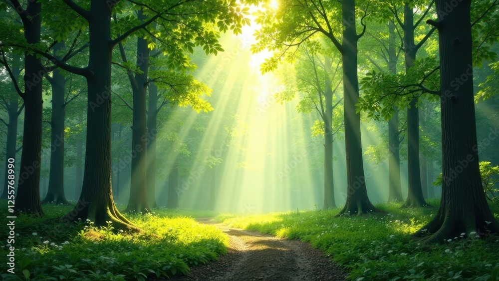 Obraz premium Sunbeams Illuminate a Mystical Forest Path, Creating a Serene and Tranquil Atmosphere