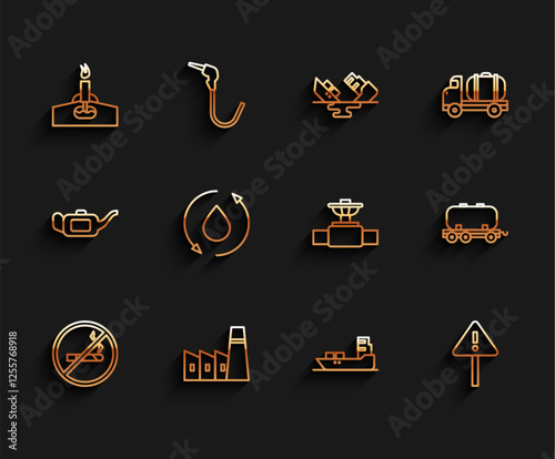 Set line No Smoking, Oil industrial factory building, rig with fire, tanker ship, Exclamation mark triangle, drop, railway cistern and Industry pipe and valve icon. Vector