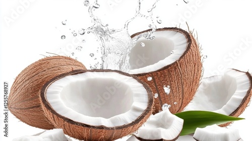 Fresh Coconut Halves Splashing Water with Green Leaf Accents on White Background