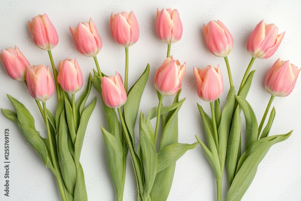 Fresh pink tulips arranged on a clean white background, perfect for floral designs or spring-themed projects Fresh pink tulips arranged on a clean white background, perfect for floral designs or spring-themed projects