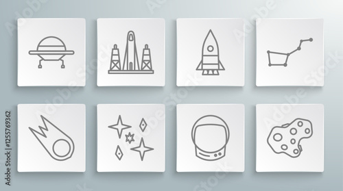 Set line Comet falling down fast, Rocket launch from the spaceport, Planet, Astronaut helmet, Asteroid, ship, Great Bear constellation and UFO flying spaceship icon. Vector