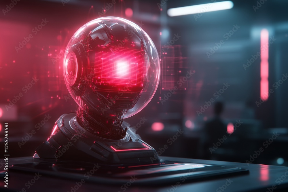 Fototapeta premium A neon-lit cyberpunk classroom where a virtual AI tutor is giving an introductory lesson through holographic projections