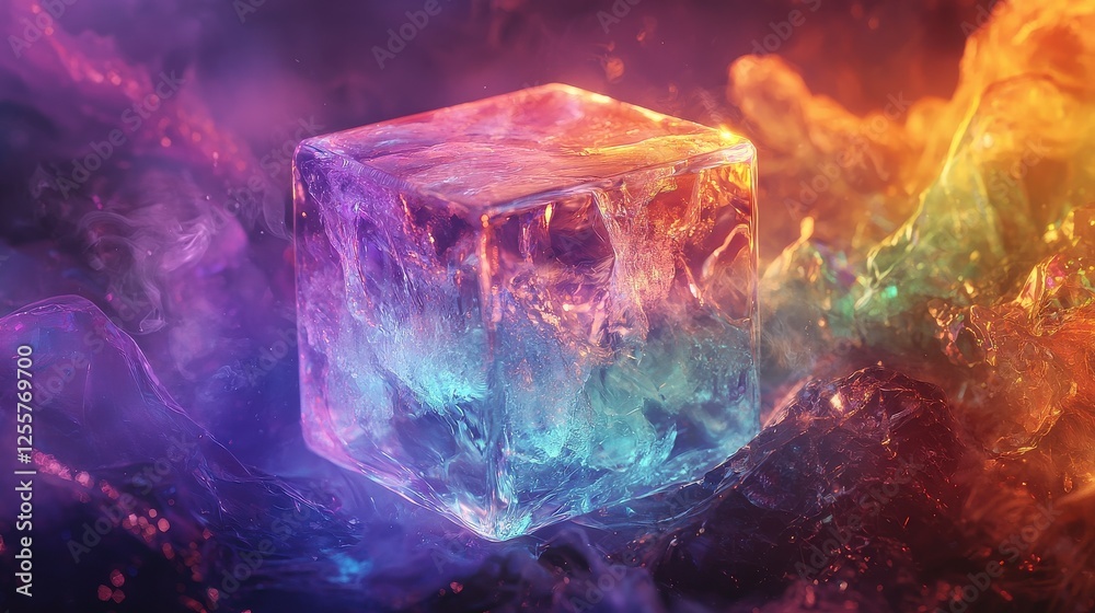 Multicolored Icy Cube In Swirling Smoke And Fire Multicolored Icy Cube In Swirling Smoke And Fire
