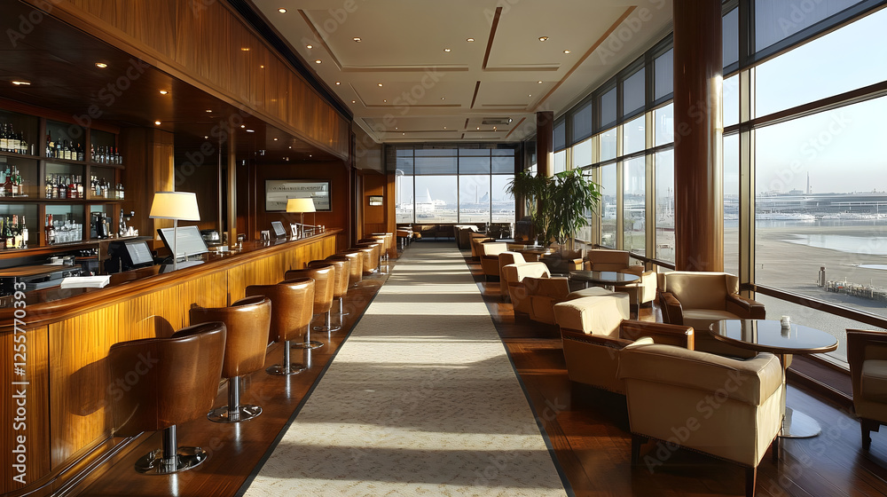 Luxurious Hotel Bar with Waterfront View Modern Design and Leather Seating Luxurious Hotel Bar with Waterfront View Modern Design and Leather Seating
