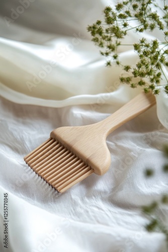 A simple wooden comb rests on a crisp white sheet, perfect for use in still life photography or as a prop in a creative project