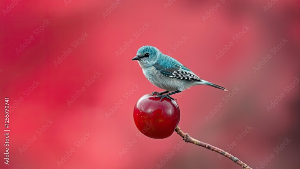 Fototapeta premium Bluebird Perched on Red Apple Branch Autumn Nature Scene