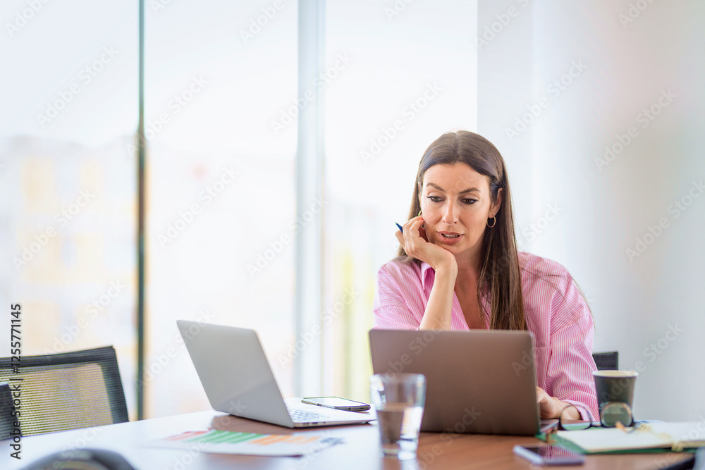 Woman sitting at desk and using laptops in a modern office Woman sitting at desk and using laptops in a modern office
