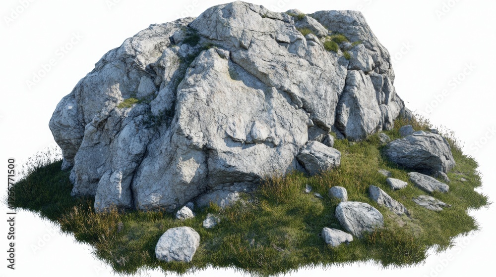 Large Rocky Boulder Surrounded By Green Grass In An Outdoor Natural Setting Large Rocky Boulder Surrounded By Green Grass In An Outdoor Natural Setting