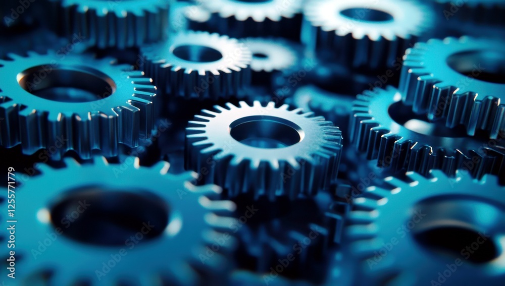 Close-Up View of Metal Gears in Interlocking Configuration with Blue Lighting Enhancements Creating a Modern Industrial Atmosphere