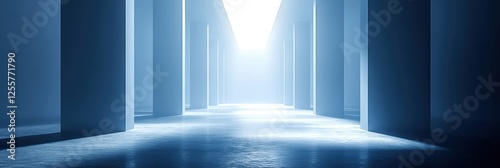 A serene corridor with glowing light, emphasizing architectural simplicity and perspective.