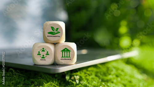 ESG. Environment social governance investment business concept. Stacked wooden blocks with ESG icons sit on a laptop amidst green moss. World sustainable environment. Green business. eco-friendly.
