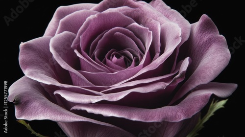 A dramatic shot of a dark purple rose with deep, rich hues, set against a contrasting black background.