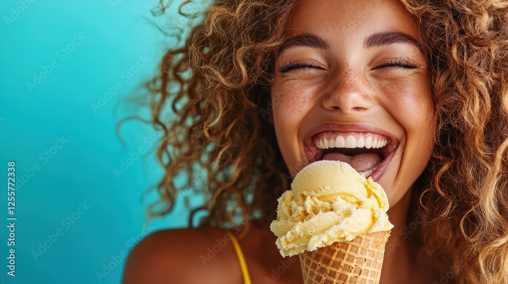 A radiant woman with a joyful smile enjoys a delicious cone of creamy yellow ice cream, set against a bright blue backdrop, symbolizing warmth and happiness. A radiant woman with a joyful smile enjoys a delicious cone of creamy yellow ice cream, set against a bright blue backdrop, symbolizing warmth and happiness.