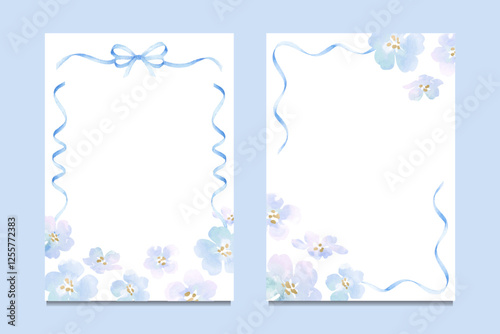 Floral frame templates with blue watercolor flowers and ribbon decorations on white background. Design for invitation, greeting card, and postcard