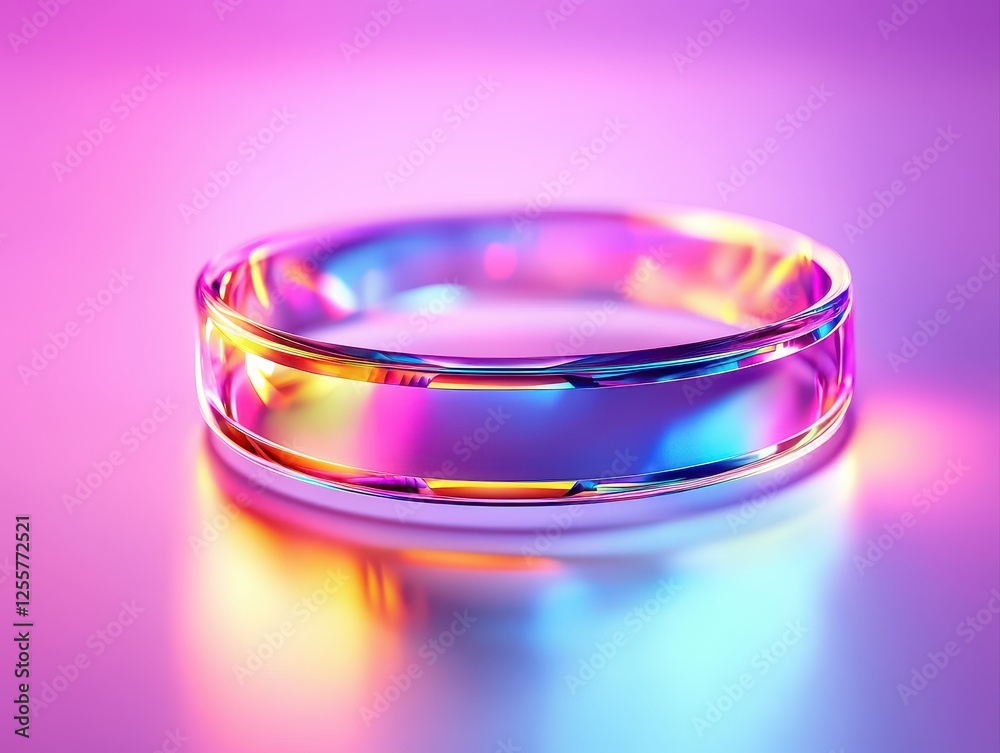 A colorful, iridescent ring reflects vibrant hues against a soft background, showcasing modern design and artistic flair. A colorful, iridescent ring reflects vibrant hues against a soft background, showcasing modern design and artistic flair.