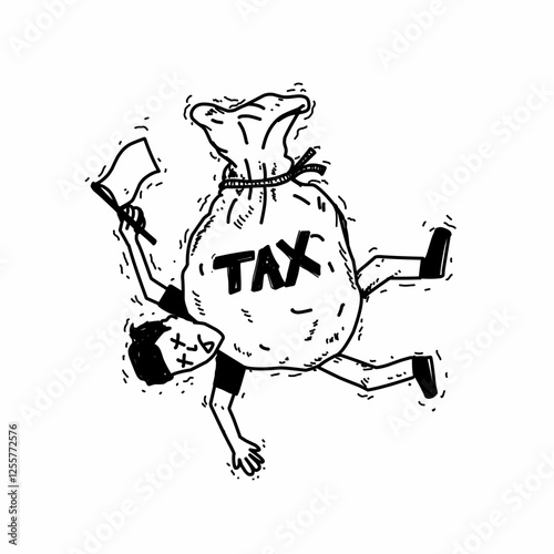 Vector illustration of a man crushed by a large sack labeled with taxes, symbolizing financial burden. Black and white sketch with a satirical theme