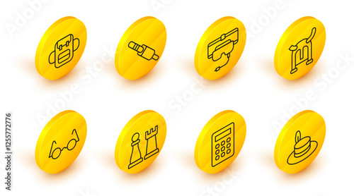 Set line Man hat, Calculator, Chess, Eyeglasses, Viking in horned helmet, Virtual reality, Audio jack and School backpack icon. Vector