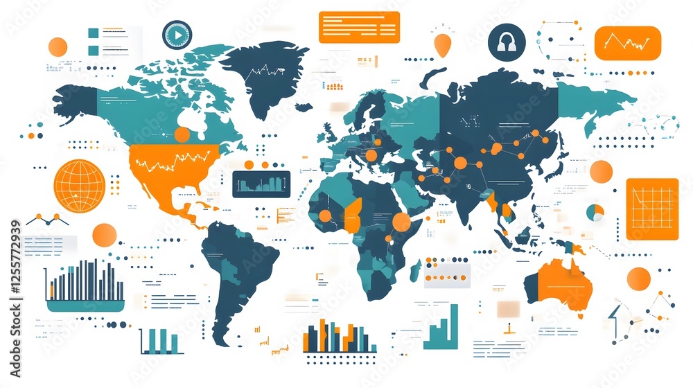 Fototapeta premium Economic experts evaluating international trade markets with predictive analytics, flat vector style