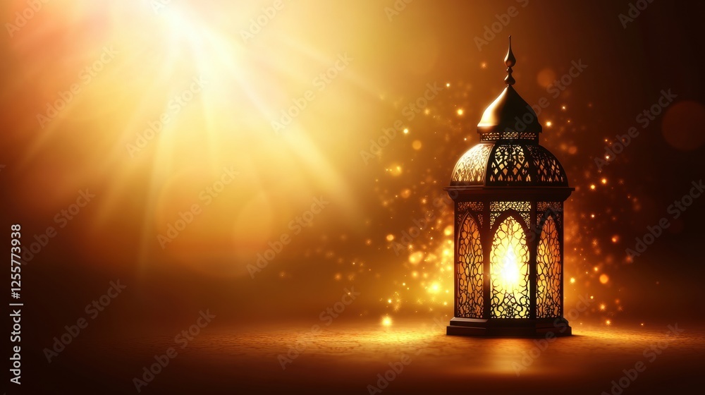 Fototapeta premium Ornate Lantern Glowing Warmly Against a Soft Golden Background With Sparkles and Light Rays