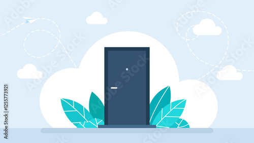 Closed doors as a metaphor for the unknown, secret, entrance, exit from a situation, attempt, opportunity. Entrance doorway door. Vector illustration

