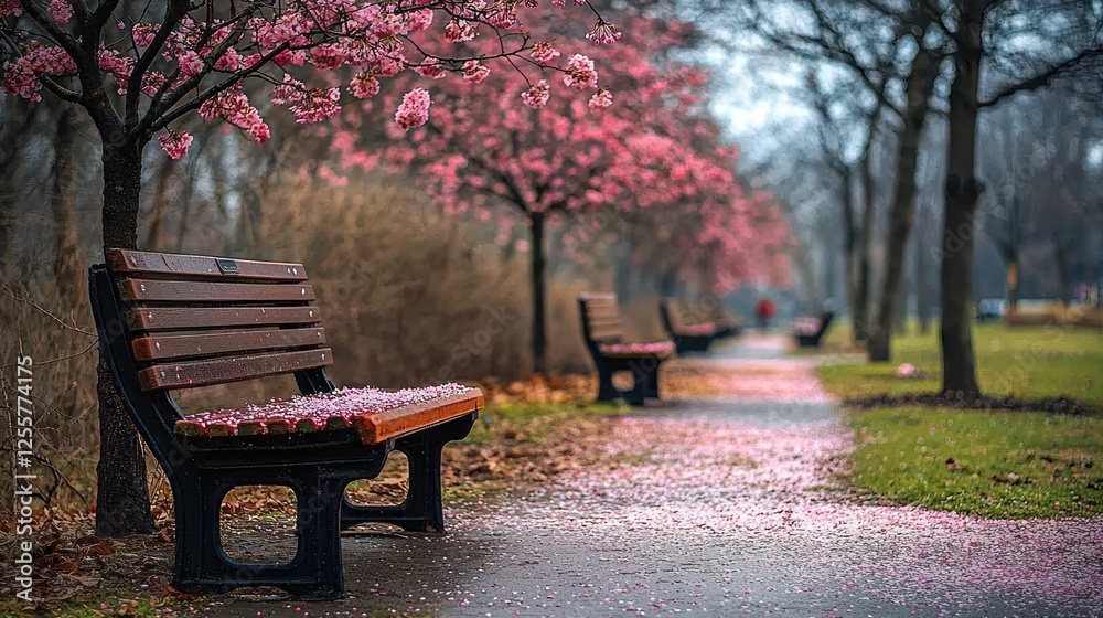 Serene Park Pathway Lined with Pink Cherry Blossoms in Springtime Serene Park Pathway Lined with Pink Cherry Blossoms in Springtime