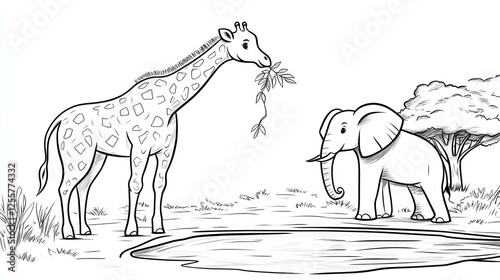 Giraffe and elephant by waterhole, black and white illustration photo