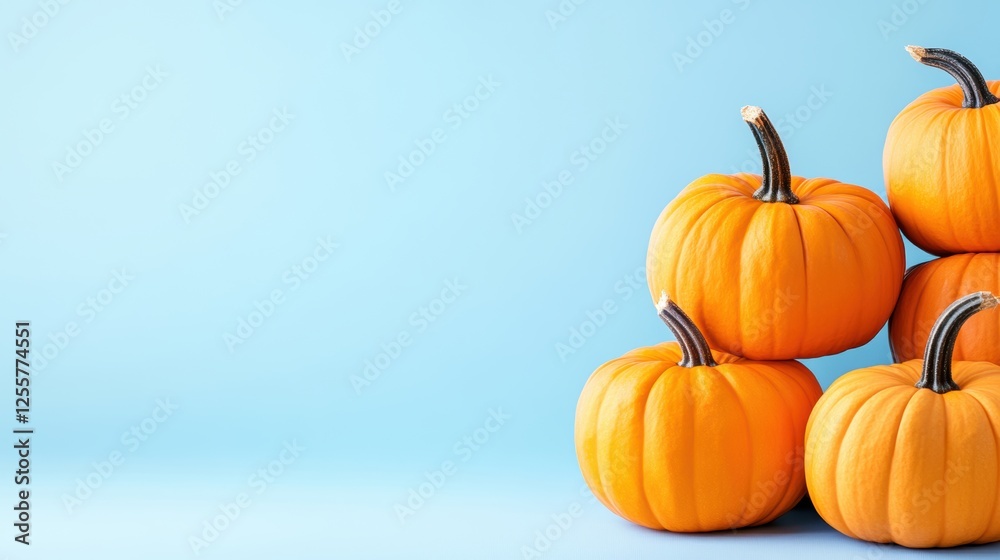 A stack of fresh orange pumpkins on a soft blue background, perfect for autumn decorations and seasonal cooking. A stack of fresh orange pumpkins on a soft blue background, perfect for autumn decorations and seasonal cooking.