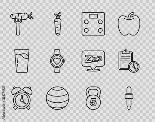 Set line Alarm clock, Pipette with oil, Bathroom scales, Fitness ball, Carrot on fork, Smart watch, Weight and Sport training program icon. Vector