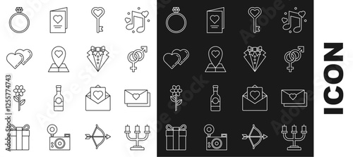 Set line Candlestick, Envelope with Valentine heart, Gender, Key shape, Map pointer, Two Linked Hearts, Diamond engagement ring and Suit icon. Vector