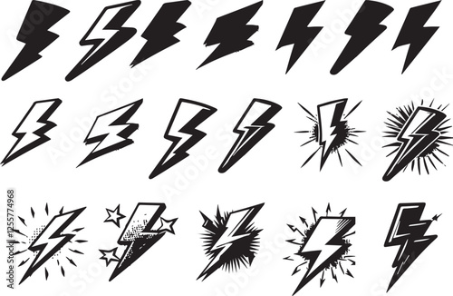 Set of comic icon lightning bolt elements in pop art style. Flash sign charge or voltage, thunder and lightning strike in cartoon style. Collection of shock lightnins flash vector illustration