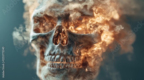 This stunning image features a burning skull, capturing the viewer's attention while invoking deep reflection on themes of mortality, artistry, and the transient nature of life. photo