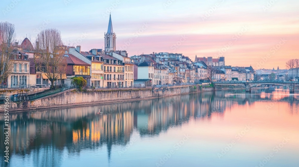 Scenic waterfront view during sunset with reflections of historic buildings and a church spire along the calm riverbank Scenic waterfront view during sunset with reflections of historic buildings and a church spire along the calm riverbank