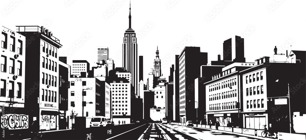 Obraz premium City landscape. Line urban backdrop. Different buildings on street, outline cityscape hand sketch, flat houses. Hand drawn vector illustration