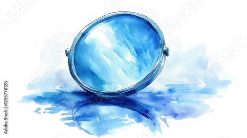 A watercolor illustration of a round blue mirror reflecting soft blue tones, isolated on a white background.