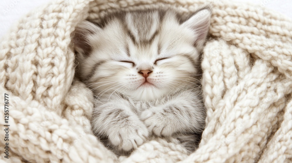 Adorable kitten nestled in warm knitted blanket Adorable kitten nestled in warm knitted blanket