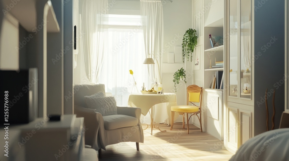 Fototapeta premium Elegant and Serene Living Room Interior with Soft Natural Light