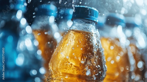 A captivating close-up of chilled sparkling beverage bottles with condensation, showcasing their refreshing content and vibrant colors, ideal for summer or celebration themes.
