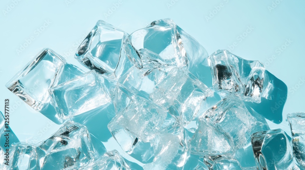 A stunning view of cubic ice pieces, harmoniously arranged, glimmering under soft light with a soothing color palette that evokes a serene and refreshing atmosphere. A stunning view of cubic ice pieces, harmoniously arranged, glimmering under soft light with a soothing color palette that evokes a serene and refreshing atmosphere.