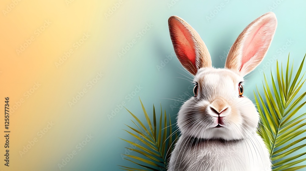 Obraz premium Elegant and Sophisticated Watercolor Depiction of a Rabbit with Lustrous Fur Perceptive Expression and Delicate Brushstrokes in a Lush Botanical Garden Environment