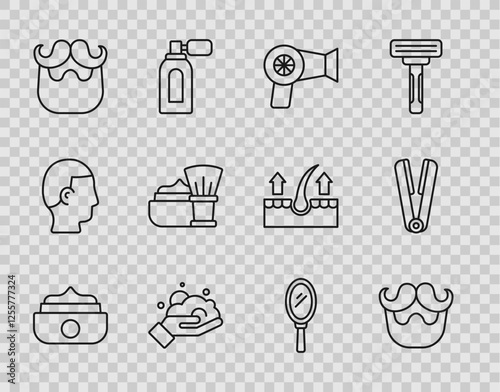 Set line Gel or wax for hair styling, Mustache and beard, Hair dryer, Shaving foam on hand, brush with, Hand mirror and Curling iron icon. Vector