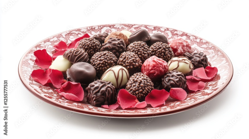 A festive Valentine chocolate set featuring an assortment of chocolate-covered fruits, nuts, and pralines, placed on a decorative plate with rose petals.