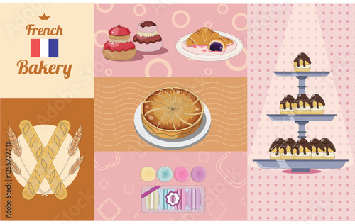 Vector set of some french bakery dishes like macaron, baguette, profiteroles, croissant, religieuse and galette