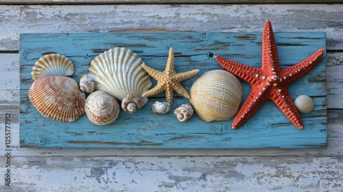 Coastal Decor with Assorted Seashells and Starfish photo